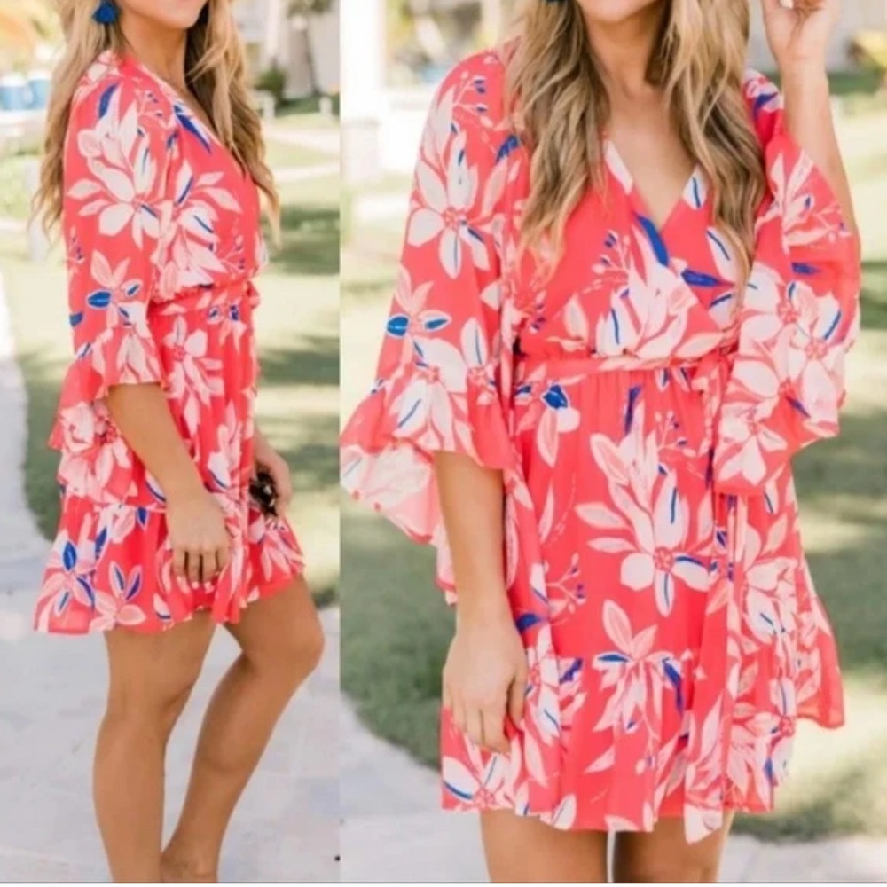 Pink Lily Floral Mini Dress - Red and White